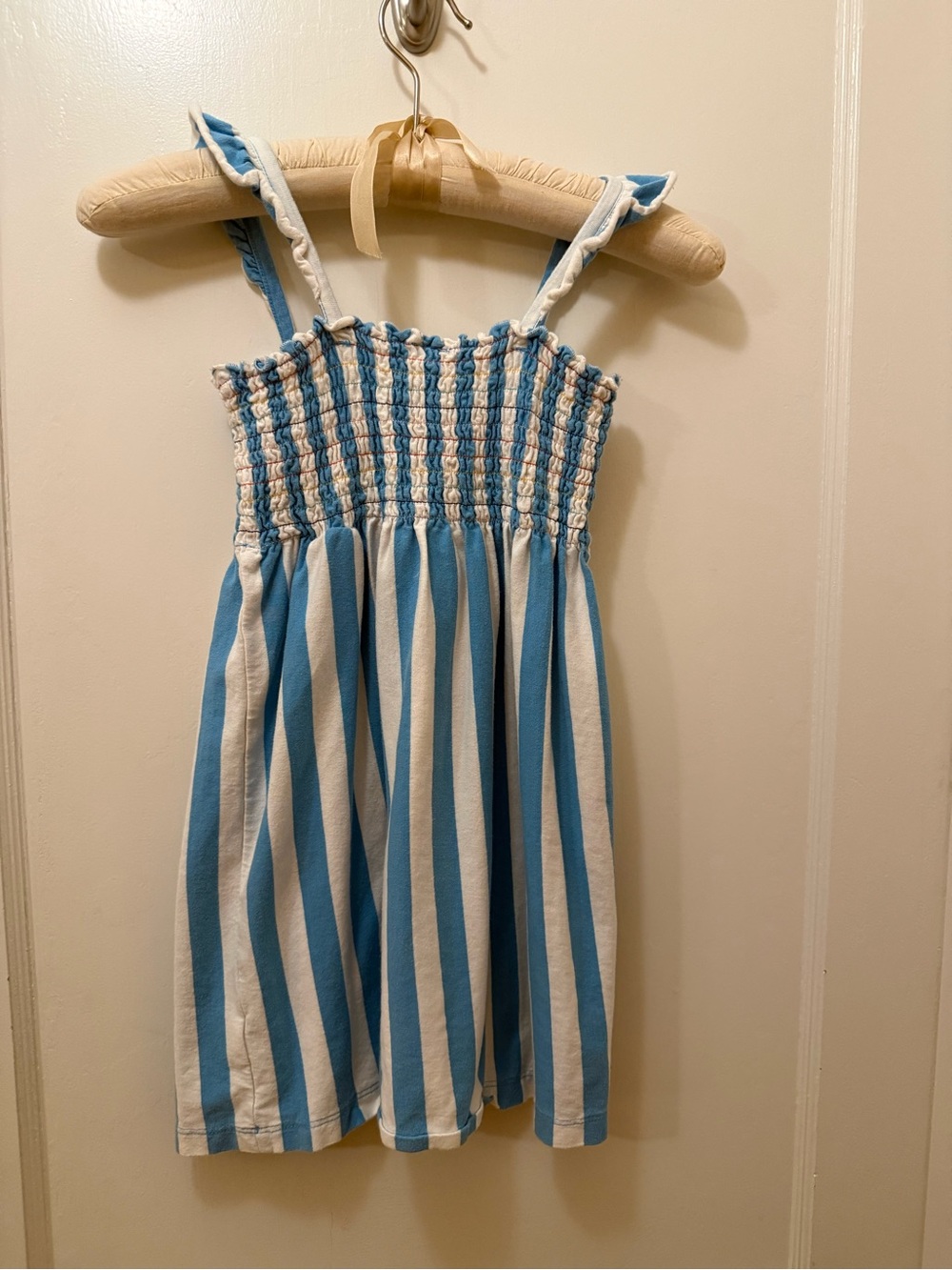 Hanna Andersson Blue & White Smocked Stripe Twirl Dress EUC